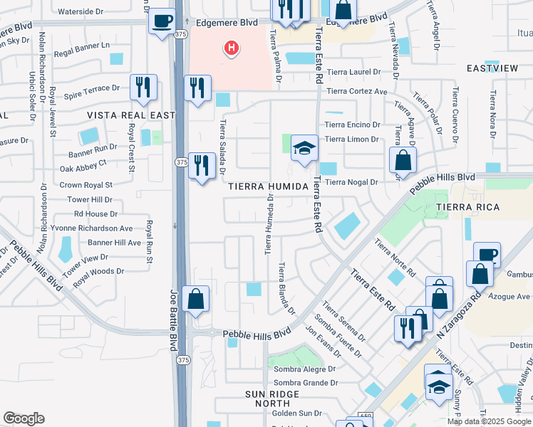 map of restaurants, bars, coffee shops, grocery stores, and more near 2409 Tierra Humeda Drive in El Paso