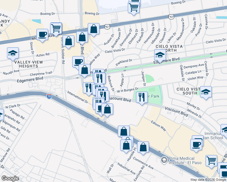 map of restaurants, bars, coffee shops, grocery stores, and more near 6801 Viscount Boulevard in El Paso
