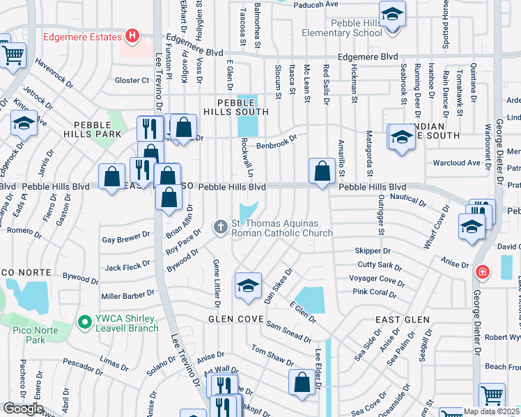 map of restaurants, bars, coffee shops, grocery stores, and more near 2901 Beachcomber Drive in El Paso