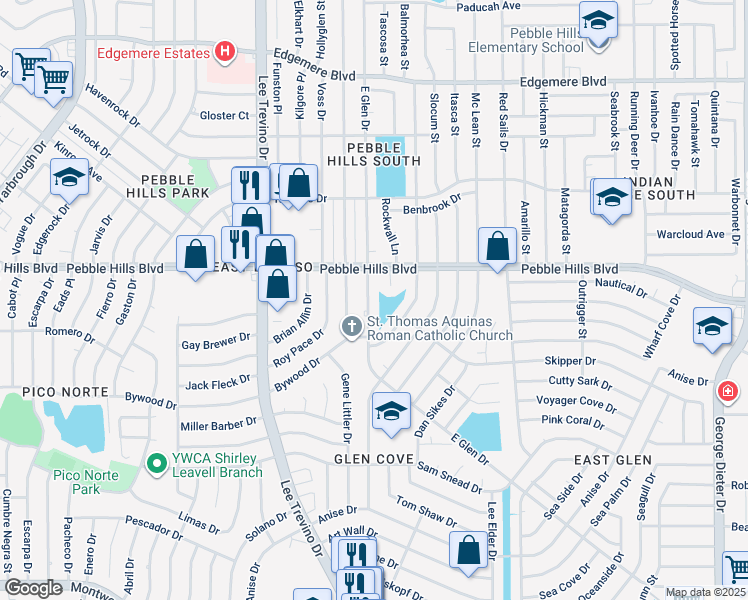 map of restaurants, bars, coffee shops, grocery stores, and more near 2900 East Glen Drive in El Paso