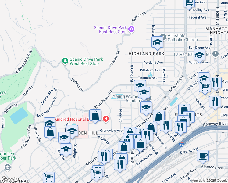 map of restaurants, bars, coffee shops, grocery stores, and more near 1919 Detroit Avenue in El Paso