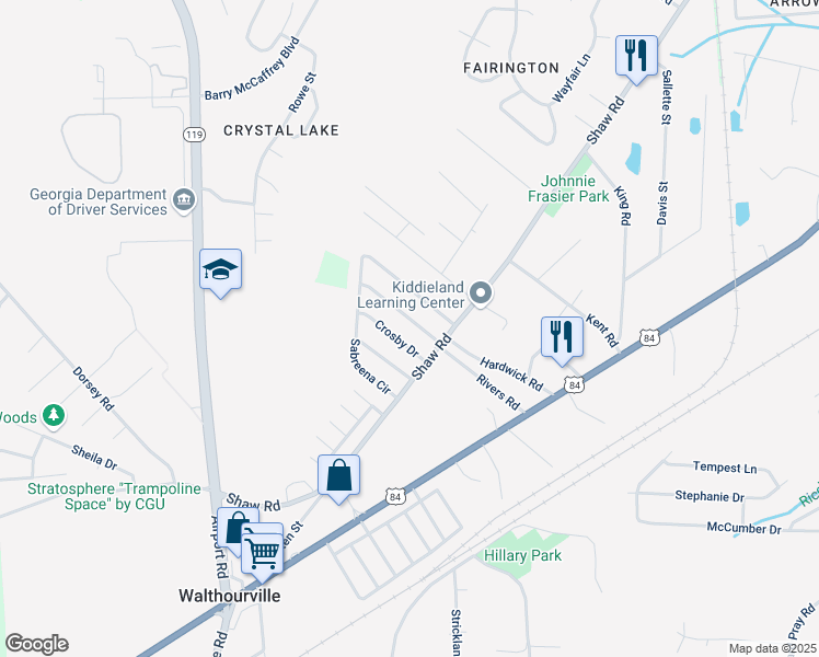 map of restaurants, bars, coffee shops, grocery stores, and more near 82 Kyle Lane in Hinesville