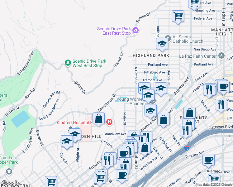 map of restaurants, bars, coffee shops, grocery stores, and more near 1919 Detroit Avenue in El Paso