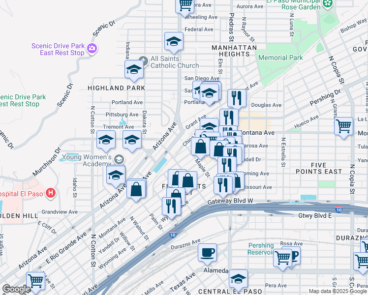 map of restaurants, bars, coffee shops, grocery stores, and more near 2621 Pershing Drive in El Paso