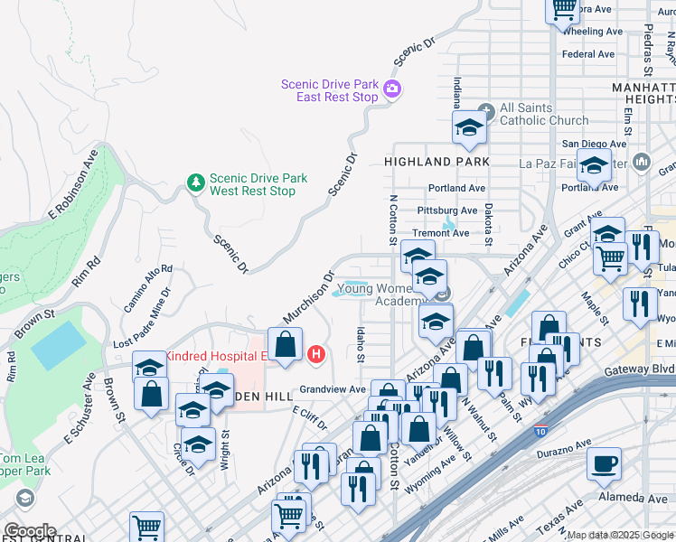 map of restaurants, bars, coffee shops, grocery stores, and more near 1919 Detroit Avenue in El Paso