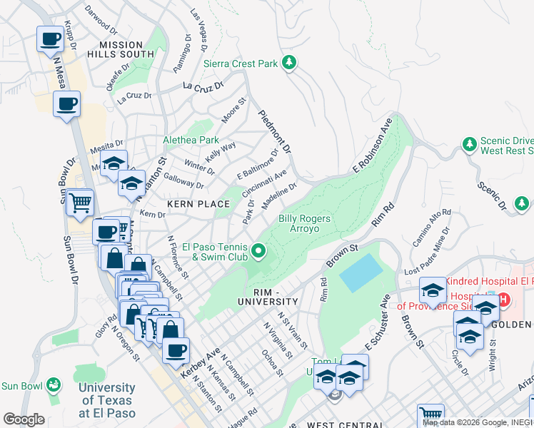 map of restaurants, bars, coffee shops, grocery stores, and more near 1011 East Robinson Avenue in El Paso
