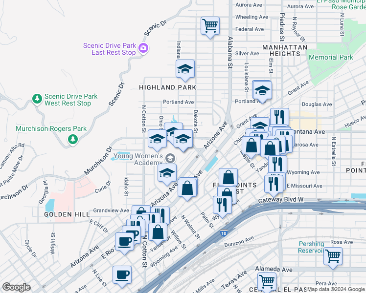 map of restaurants, bars, coffee shops, grocery stores, and more near 2300 Murchison Drive in El Paso