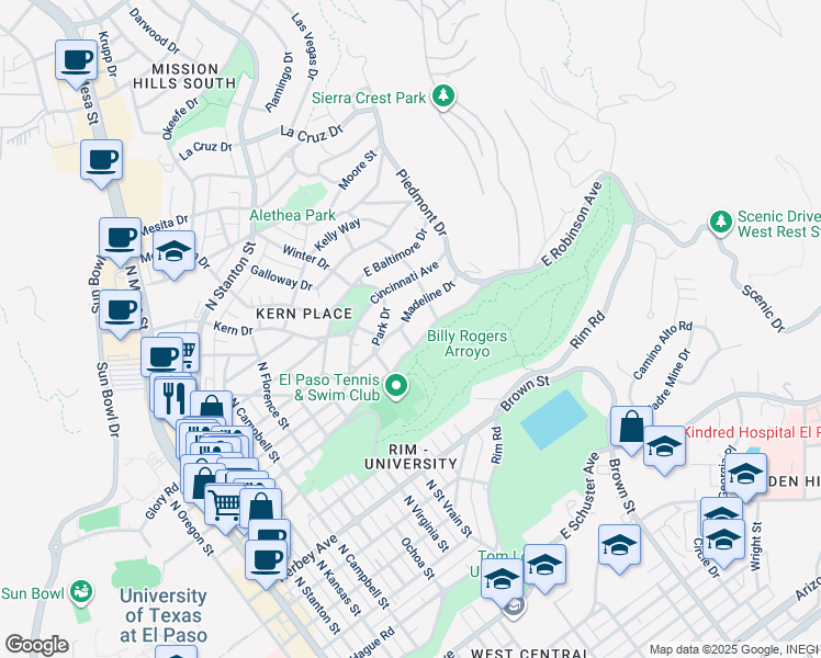 map of restaurants, bars, coffee shops, grocery stores, and more near 1011 East Robinson Avenue in El Paso