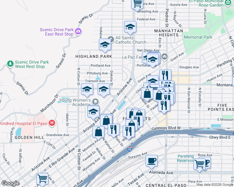 map of restaurants, bars, coffee shops, grocery stores, and more near 2508 Arizona Avenue in El Paso