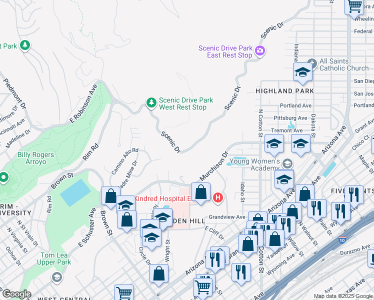 map of restaurants, bars, coffee shops, grocery stores, and more near Scenic Drive in El Paso