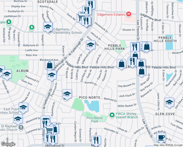map of restaurants, bars, coffee shops, grocery stores, and more near 3004 Eads Place in El Paso