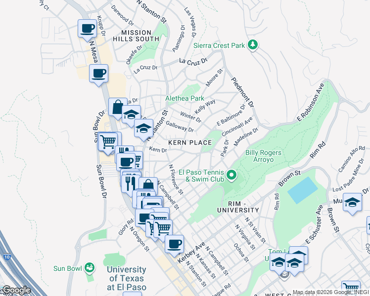 map of restaurants, bars, coffee shops, grocery stores, and more near 720 Wellesley Road in El Paso