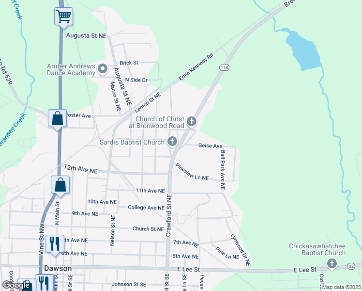 map of restaurants, bars, coffee shops, grocery stores, and more near 823 Cooper Drive Northeast in Dawson