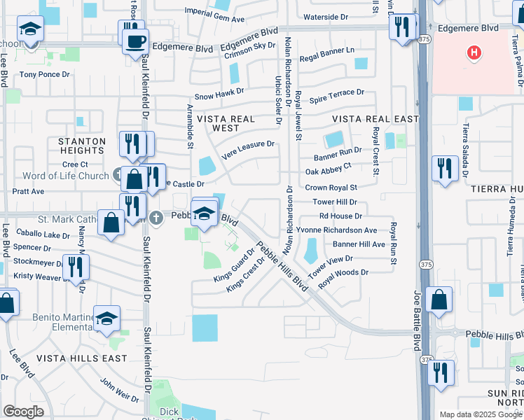 map of restaurants, bars, coffee shops, grocery stores, and more near 3021 Oak Tower Place in El Paso