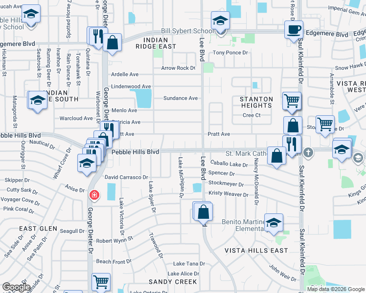 map of restaurants, bars, coffee shops, grocery stores, and more near 3001 Pebble Hills Boulevard in El Paso