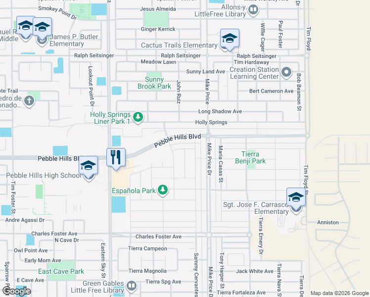map of restaurants, bars, coffee shops, grocery stores, and more near 14601 Tierra Jude Lane in El Paso