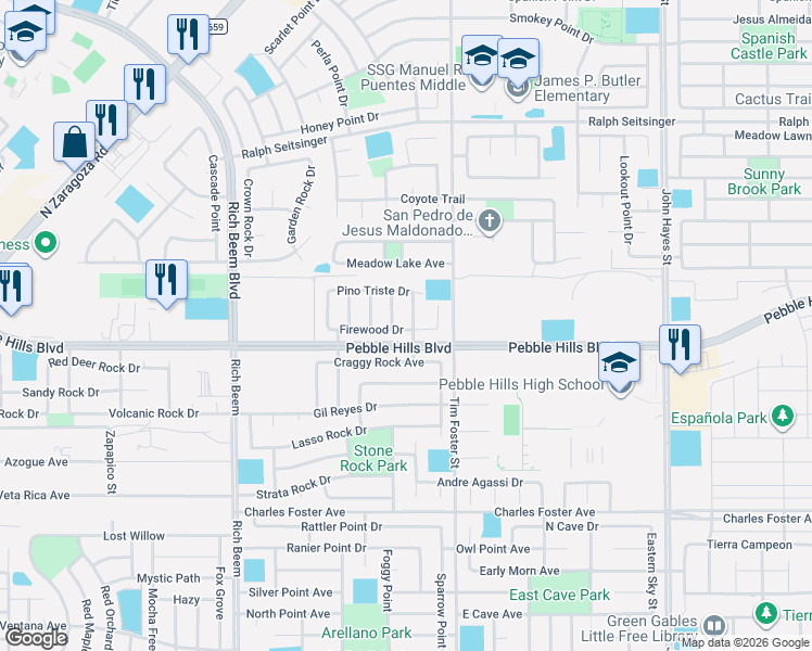 map of restaurants, bars, coffee shops, grocery stores, and more near 2929 Pebble Rock Place in El Paso