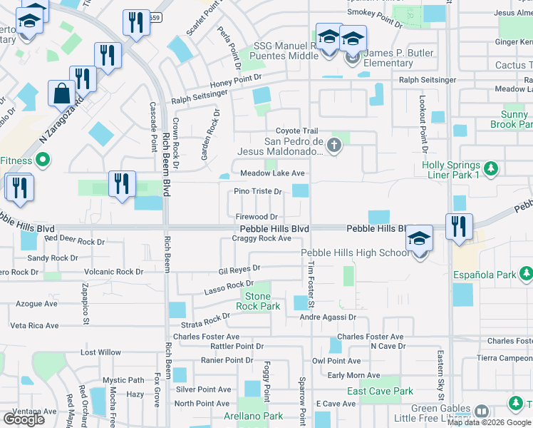 map of restaurants, bars, coffee shops, grocery stores, and more near 2929 Pino Blanco Place in El Paso