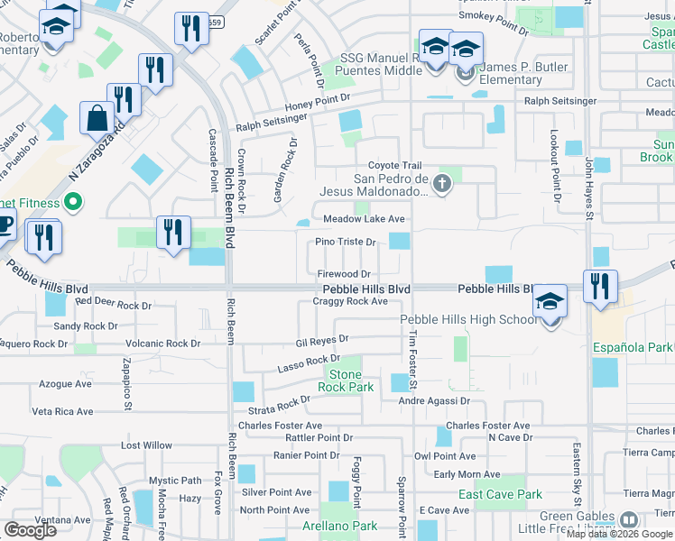 map of restaurants, bars, coffee shops, grocery stores, and more near 2929 Pino Blanco Place in El Paso