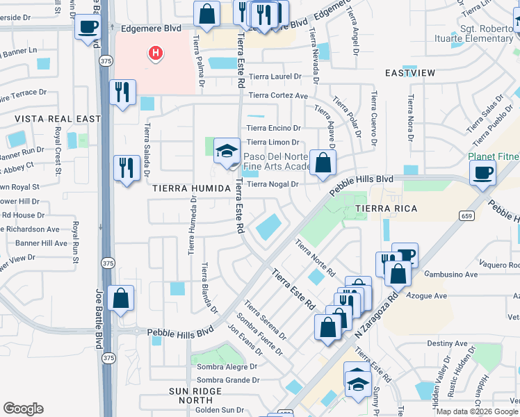 map of restaurants, bars, coffee shops, grocery stores, and more near 12429 Tierra Bella Drive in El Paso