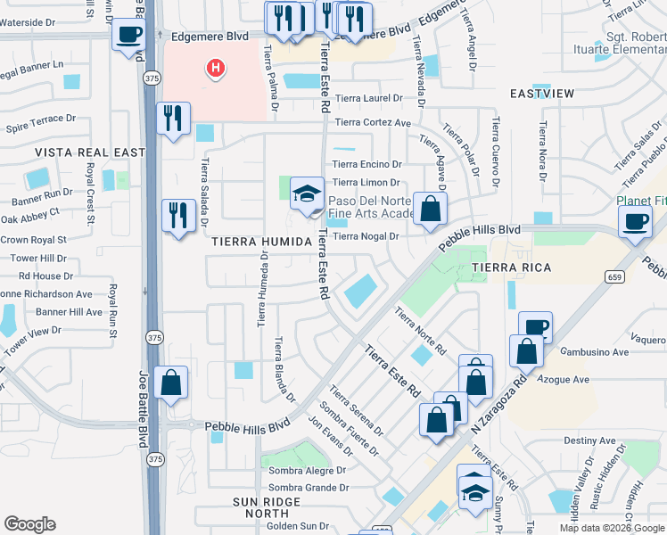 map of restaurants, bars, coffee shops, grocery stores, and more near 12365 Tierra Bella Drive in El Paso