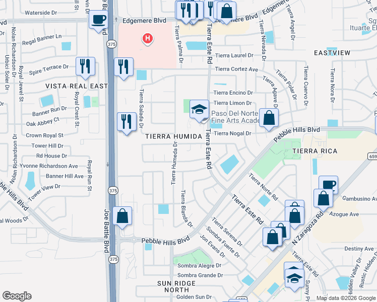 map of restaurants, bars, coffee shops, grocery stores, and more near 12325 Tierra Bella Drive in El Paso
