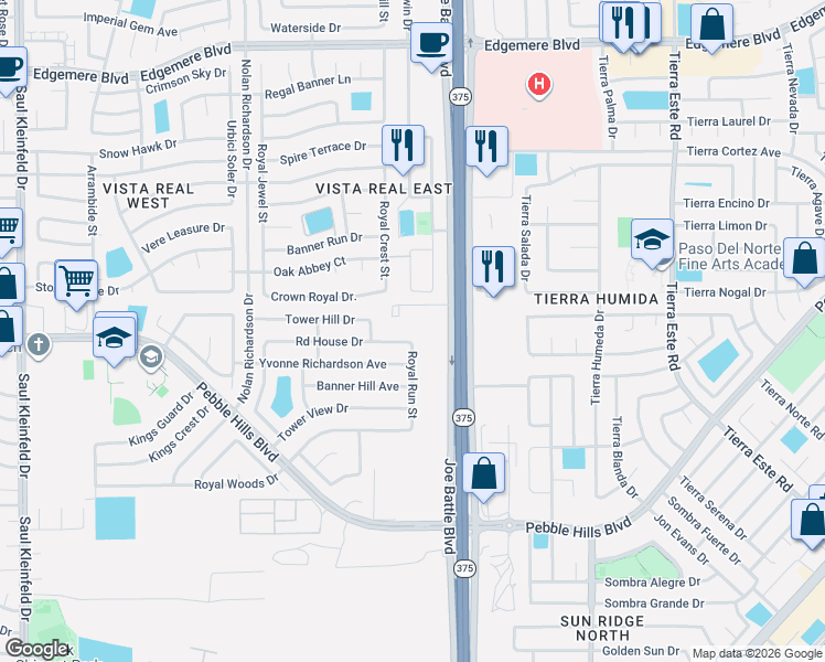 map of restaurants, bars, coffee shops, grocery stores, and more near 12060 Crown Royal Street in El Paso
