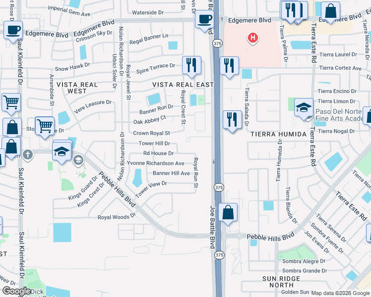map of restaurants, bars, coffee shops, grocery stores, and more near 12060 Crown Royal Street in El Paso
