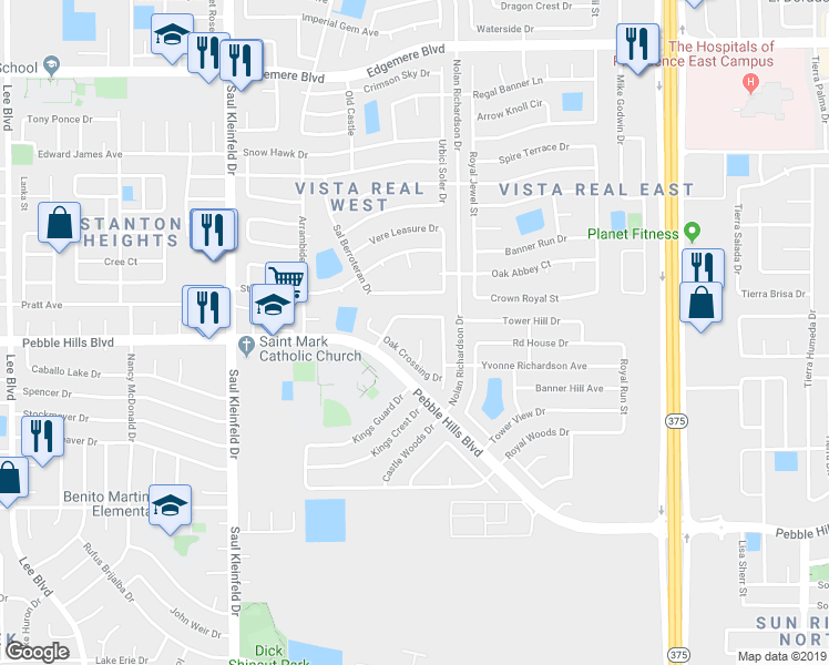 map of restaurants, bars, coffee shops, grocery stores, and more near 3017 Oak Crest Circle in El Paso