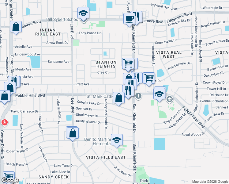 map of restaurants, bars, coffee shops, grocery stores, and more near 3017 Stonelake Place in El Paso