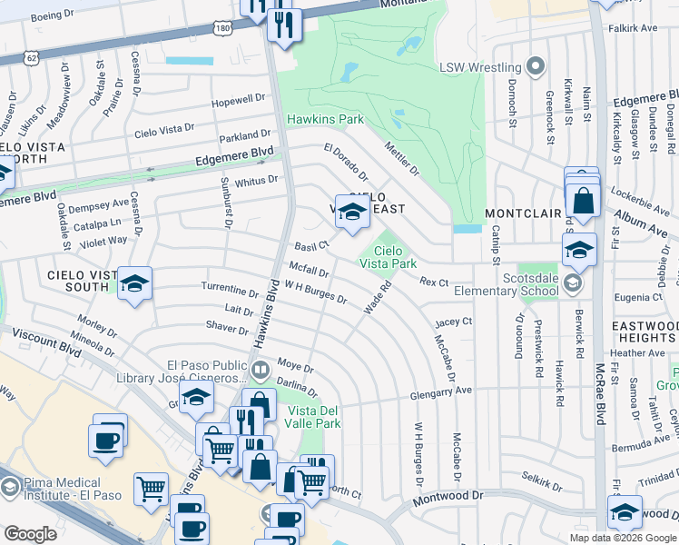 map of restaurants, bars, coffee shops, grocery stores, and more near 9000 Basil Court in El Paso
