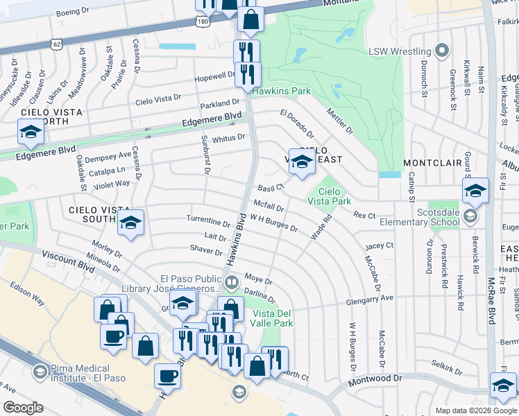 map of restaurants, bars, coffee shops, grocery stores, and more near in El Paso