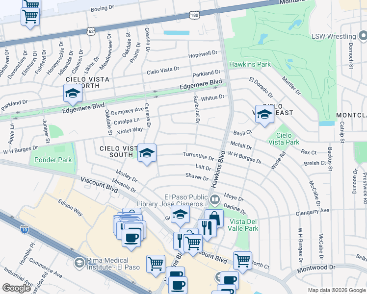 map of restaurants, bars, coffee shops, grocery stores, and more near 8332 McFall Drive in El Paso