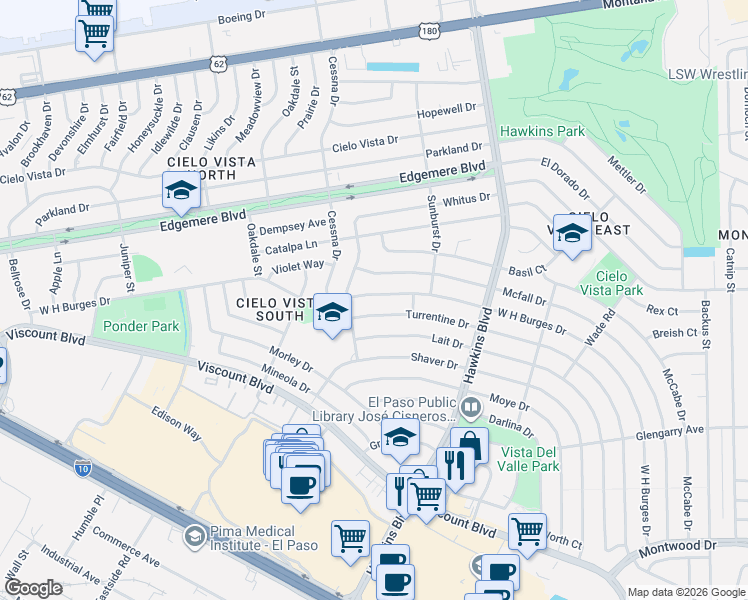 map of restaurants, bars, coffee shops, grocery stores, and more near 8332 McFall Drive in El Paso