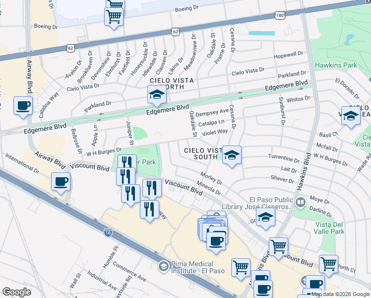 map of restaurants, bars, coffee shops, grocery stores, and more near 8001 Freedom Drive in El Paso