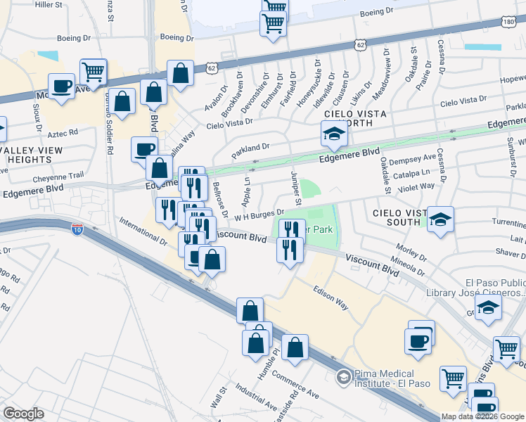 map of restaurants, bars, coffee shops, grocery stores, and more near 917 Ash Lane in El Paso