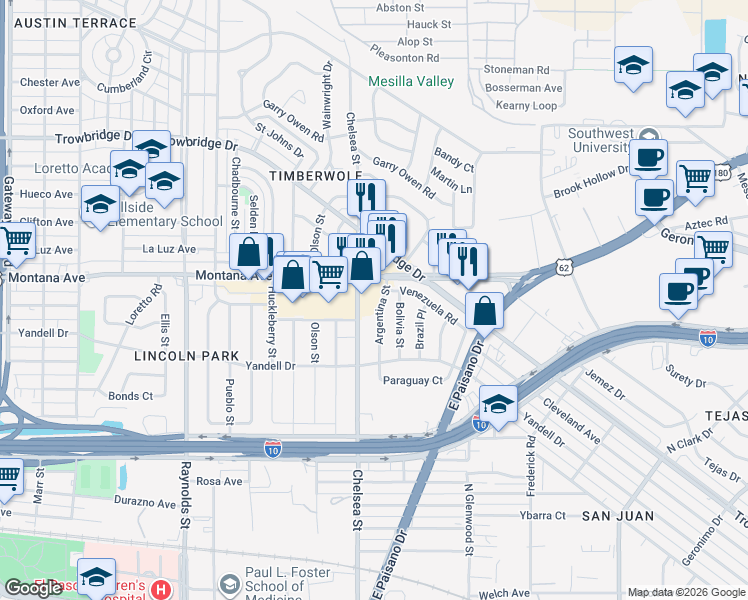 map of restaurants, bars, coffee shops, grocery stores, and more near 5400 Montana Avenue in El Paso