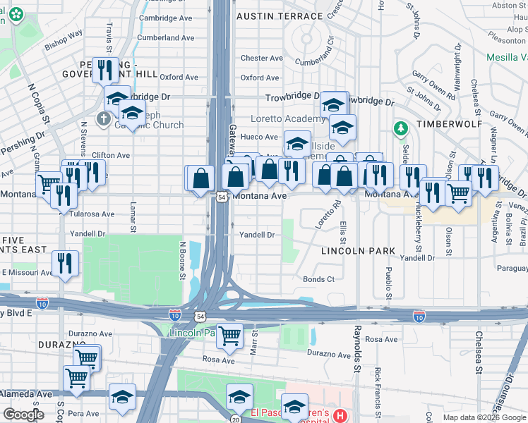 map of restaurants, bars, coffee shops, grocery stores, and more near 4402 Montana Avenue in El Paso
