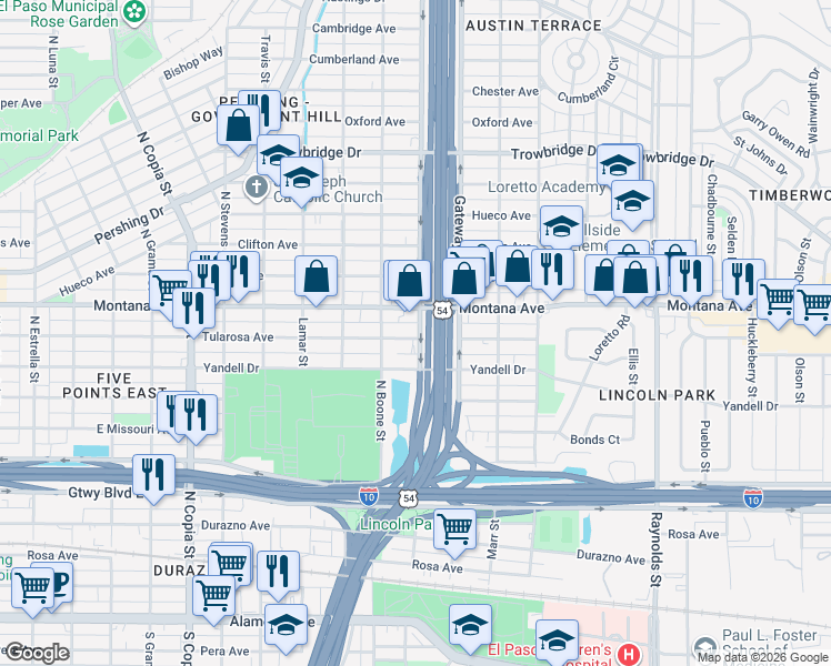 map of restaurants, bars, coffee shops, grocery stores, and more near 4136 Montana Avenue in El Paso
