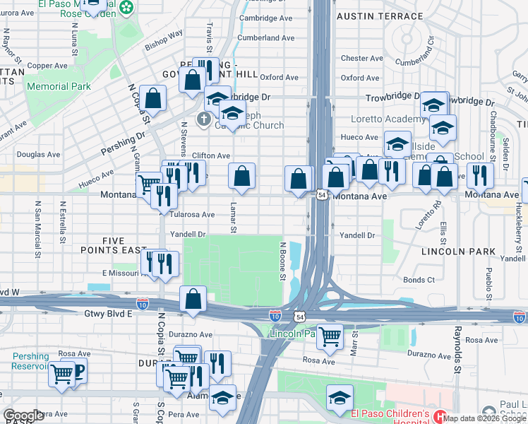 map of restaurants, bars, coffee shops, grocery stores, and more near 4000 Montana Avenue in El Paso