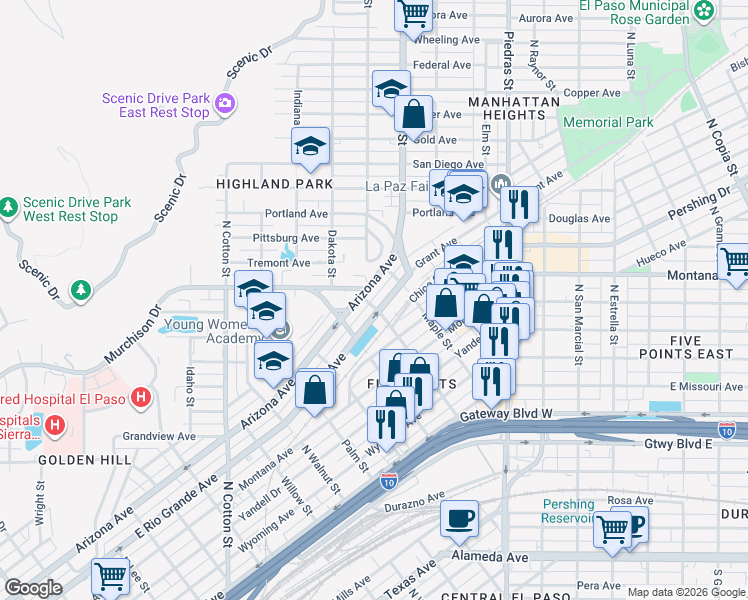 map of restaurants, bars, coffee shops, grocery stores, and more near 2616 Arizona Avenue in El Paso