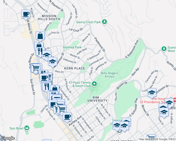 map of restaurants, bars, coffee shops, grocery stores, and more near 900 East Baltimore Drive in El Paso