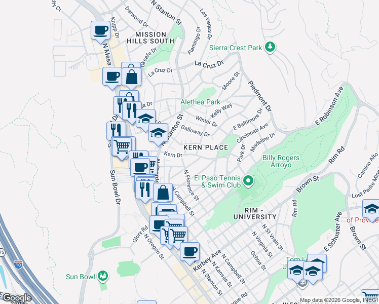 map of restaurants, bars, coffee shops, grocery stores, and more near 819 McKelligon Drive in El Paso