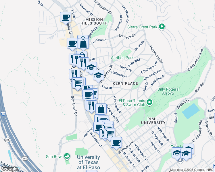 map of restaurants, bars, coffee shops, grocery stores, and more near 723 McKelligon Drive in El Paso