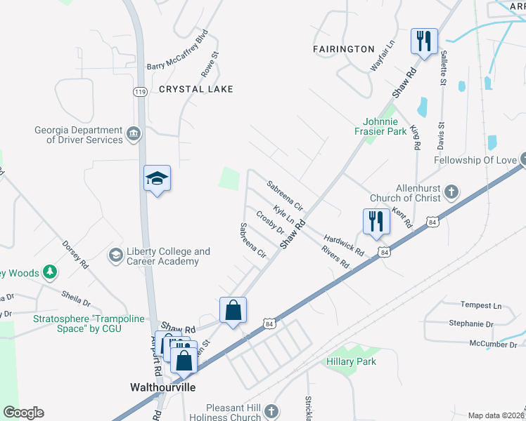 map of restaurants, bars, coffee shops, grocery stores, and more near 141 Crosby Drive in Hinesville