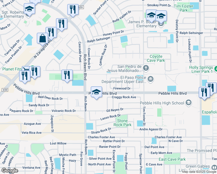 map of restaurants, bars, coffee shops, grocery stores, and more near 2909 Pino Triste Drive in El Paso