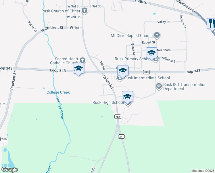 map of restaurants, bars, coffee shops, grocery stores, and more near 1058 South Main Street in Rusk