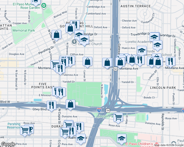 map of restaurants, bars, coffee shops, grocery stores, and more near 4000 Montana Avenue in El Paso