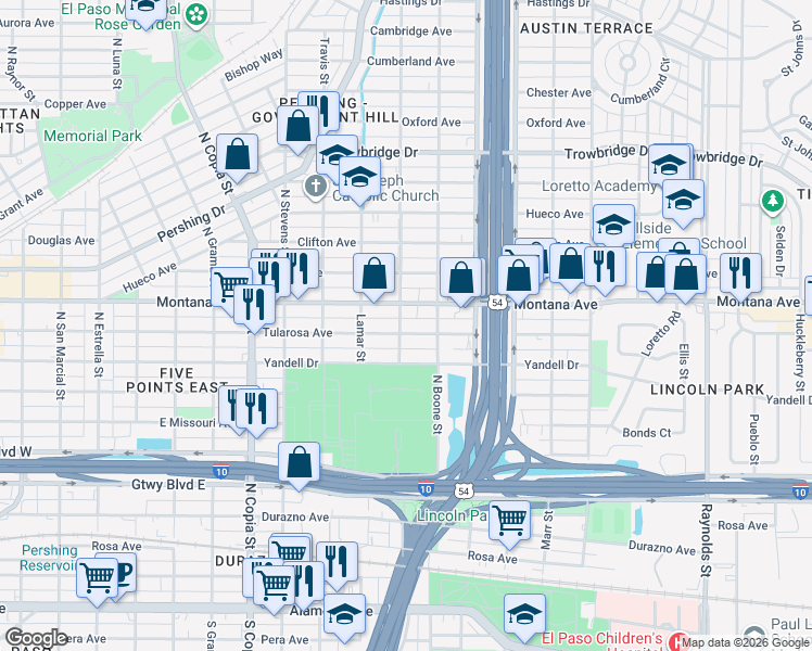 map of restaurants, bars, coffee shops, grocery stores, and more near 4000 Montana Avenue in El Paso