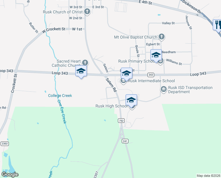 map of restaurants, bars, coffee shops, grocery stores, and more near 1058 South Main Street in Rusk